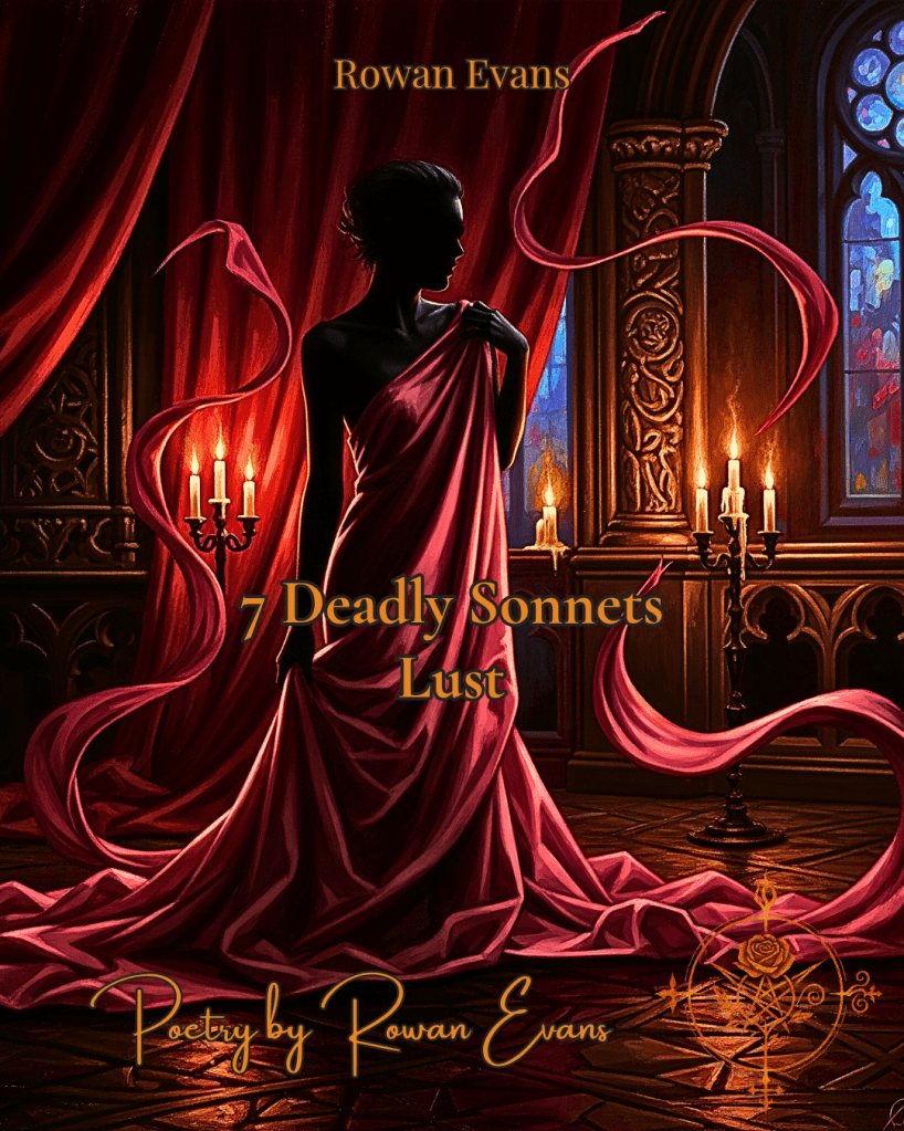 Dark romantic figure draped in crimson silk with candlelight shadows – illustration for Lust sonnet.