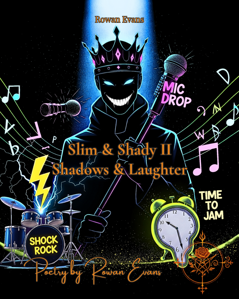 Shadowy figure with a playful grin holding a microphone, surrounded by swirling letters and musical notes, symbolizing the mischief and rhythm of Slim & Shady II: Shadows & Laughter.