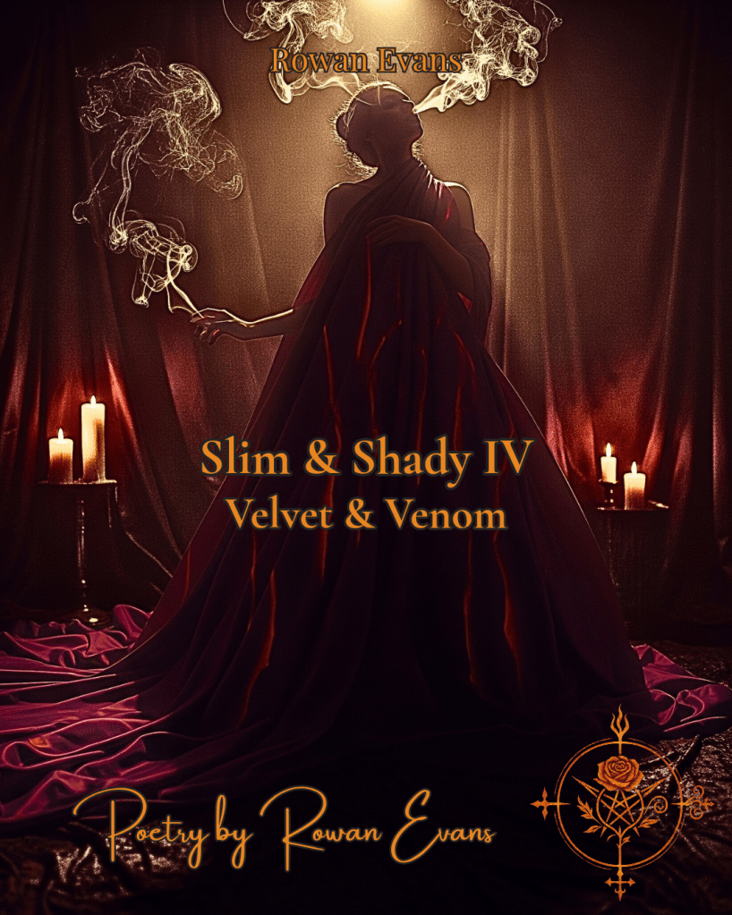 Gothic, seductive figure in velvet, surrounded by shadows and smoke, representing dominance and erotic mystery.