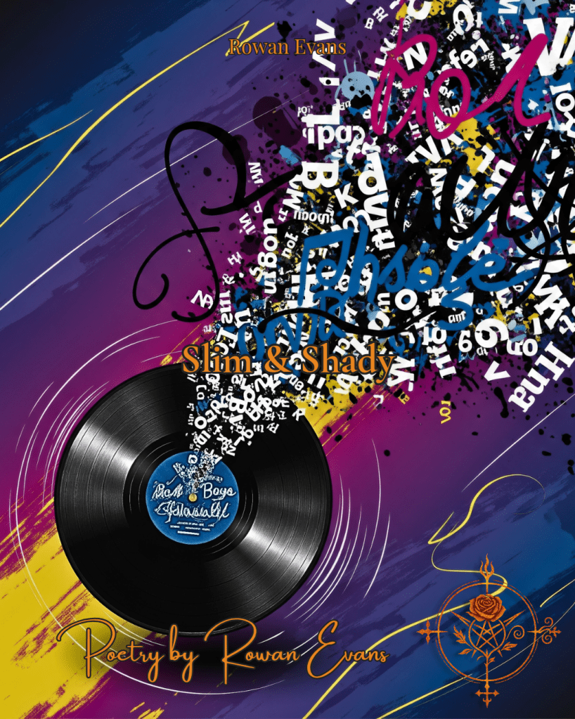 Abstract art of a vinyl record surrounded by spinning words and ink splashes, representing lyrical play and poetic energy.