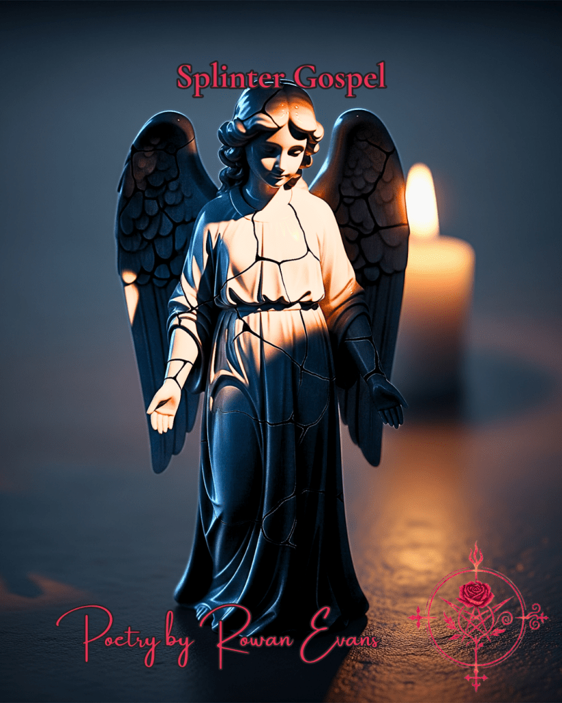 Cracked porcelain angel in candlelight, symbolizing brokenness and tenderness.