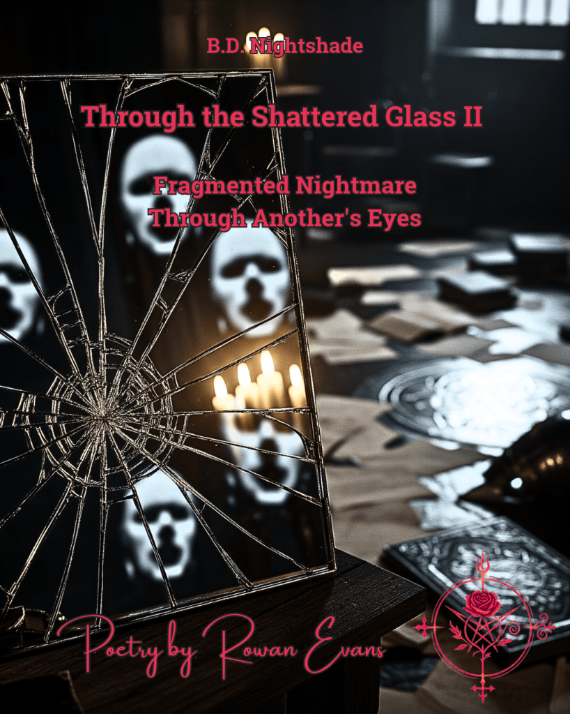 Shattered mirror reflecting faint ghostly silhouettes in a dimly lit, dark room with scattered papers.