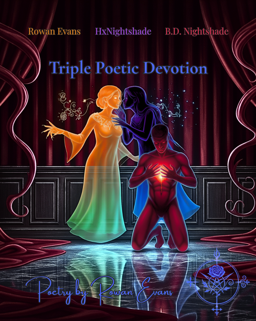 Three ethereal figures in a shadowed, velvet chamber, touching and entwining in delicate, glowing gestures; light hints at the presence of three distinct voices. Gothic, intimate, and otherworldly.