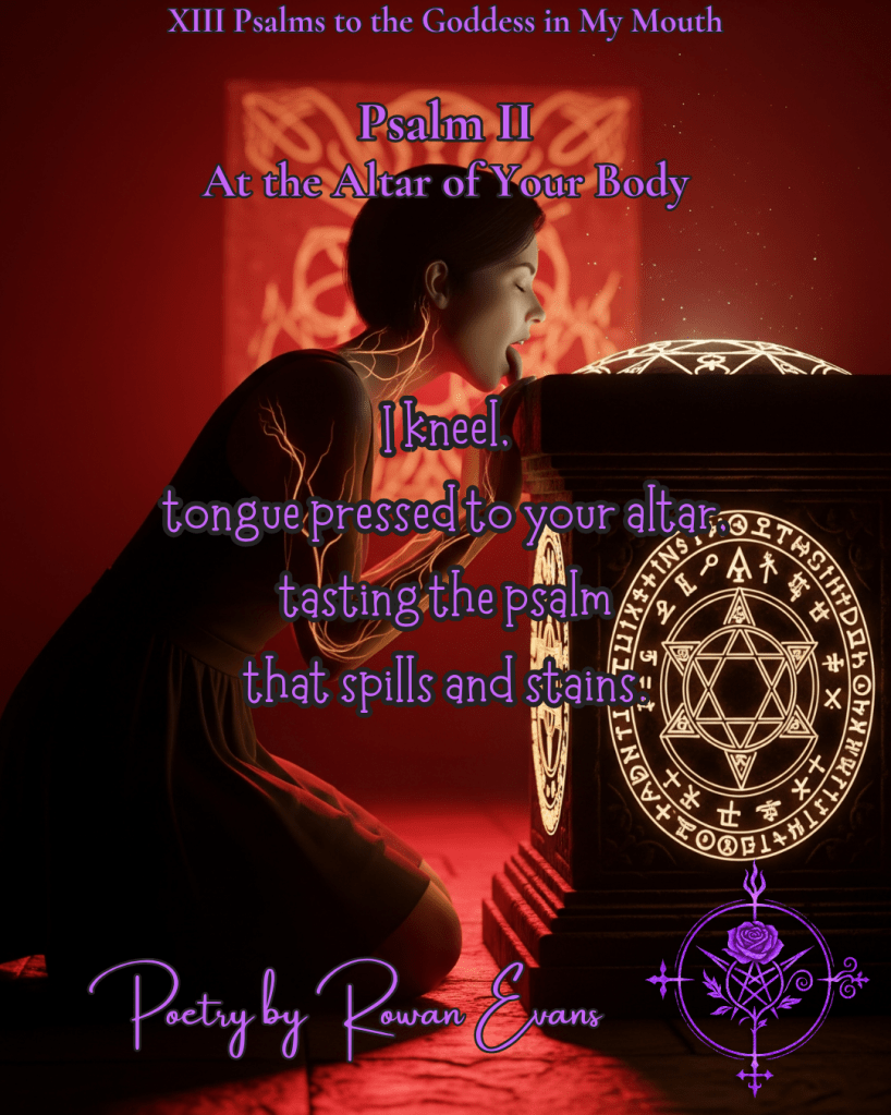 Figure kneeling before a glowing altar, tongue touching an ancient stone surface, veins faintly lit.