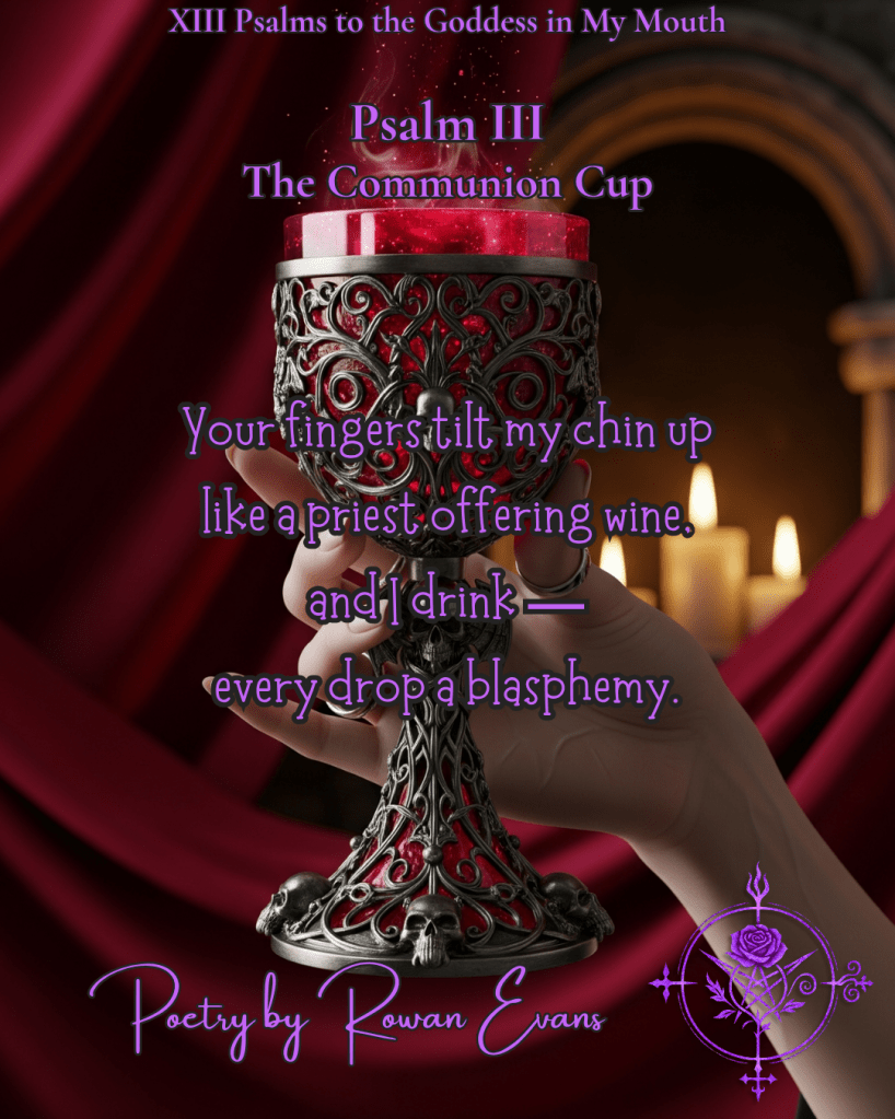 Hand lifting ornate chalice of shimmering liquid, candlelight reflecting in deep red velvet shadows.