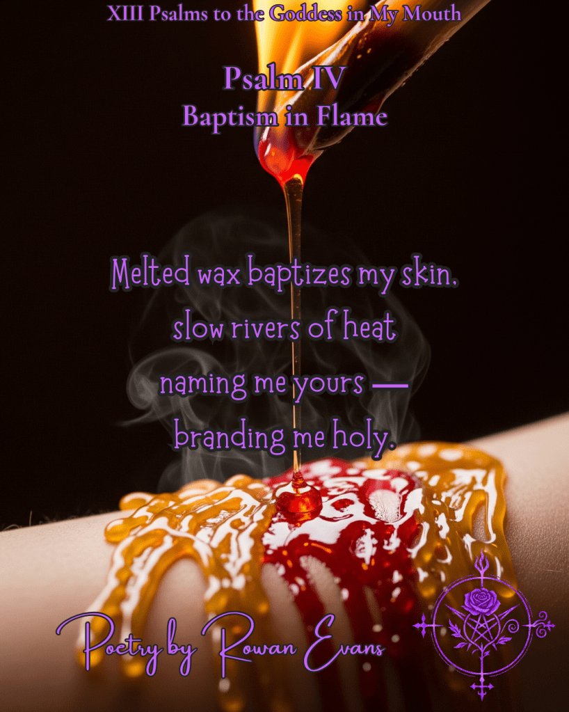 Molten wax dripping on pale skin, steam rising, amber and crimson light surrounding.
