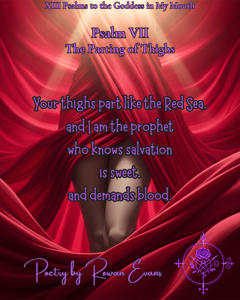 Crimson fabric parted to reveal pale shadowed thighs, light spilling softly through.