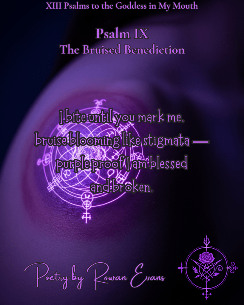 Bruised shoulder glowing faint purple, marked like a sigil in violet-blue shadows.