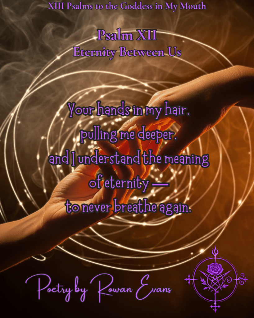 Two hands pulling each other close in smoky light, faint spiral surrounding them.