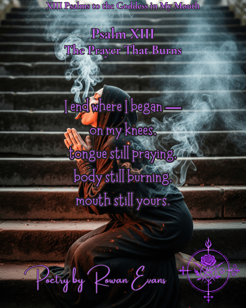 Kneeling figure on stone steps, tongue extended, skin glowing from within, smoke curling upward.