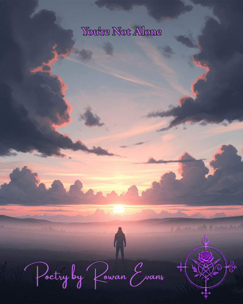 Pastel sunrise breaking through grey clouds over a misty landscape, symbolizing hope and solace.