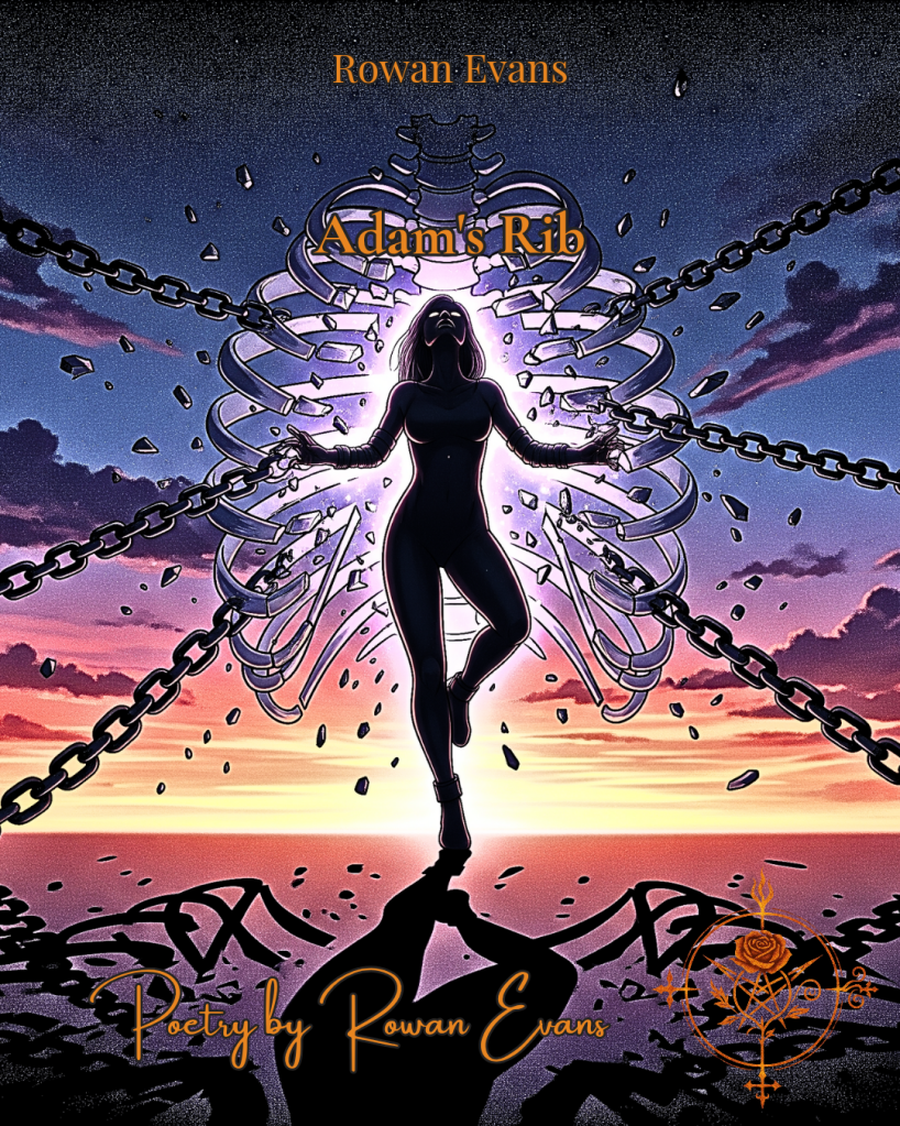 A woman breaking free from chains shaped like a ribcage, glowing with light, symbolizing empowerment and breaking free from patriarchy.