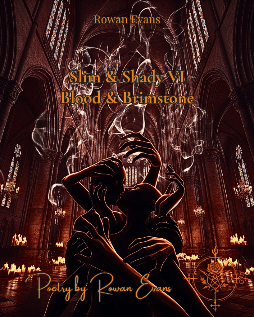 Gothic cathedral interior with candlelight, crimson and amber shadows, and entwined figures evoking desire, danger, and devotion.