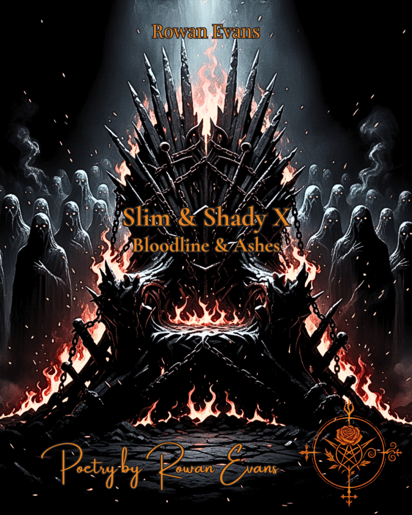 A fiery throne of ashes with ghostly silhouettes, symbolizing erased ancestors and reclaimed bloodline.