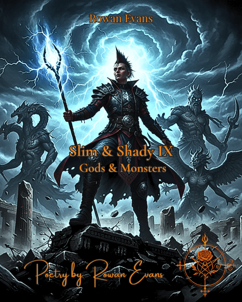 Rowan Evans-inspired bard confronting gods and monsters atop a crumbling Olympus in epic fantasy style