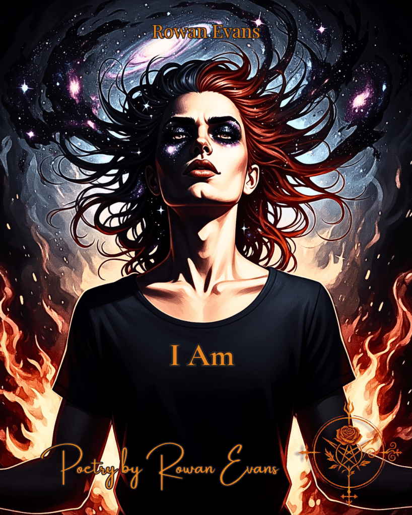 Non-binary trans-femme figure surrounded by cosmic fire and shadow, radiating defiance and self-expression.