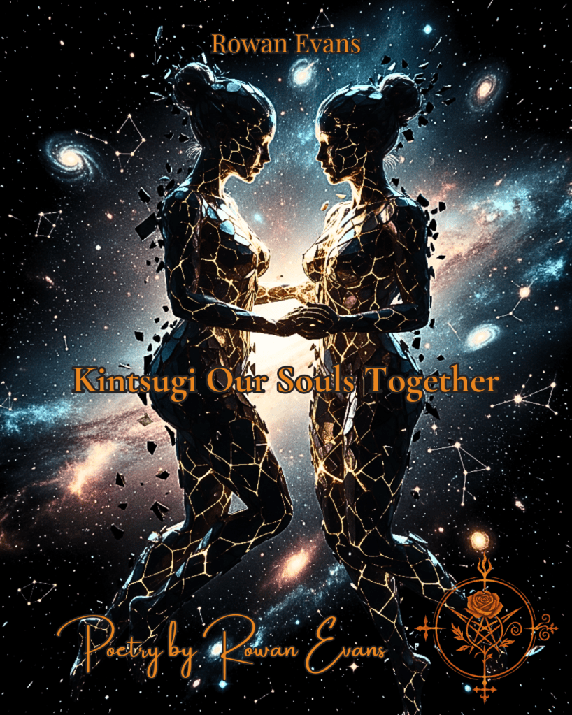 Illustration of two broken figures repaired with gold veins, floating among stars, representing cosmic love and healing.