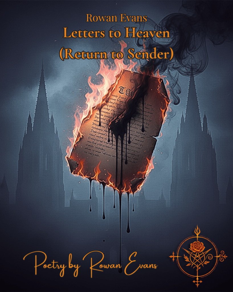 Surreal gothic image of a burning letter rising into smoke, with cathedral spires fading in the shadows.
