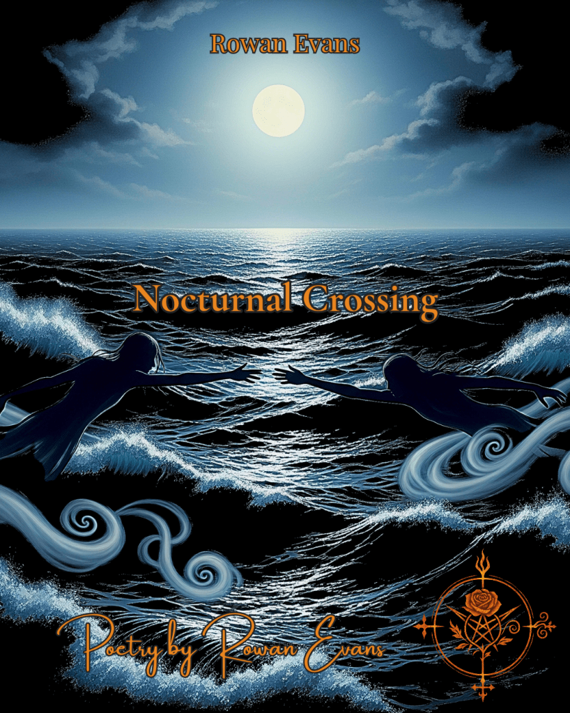 Shadowy figures reaching across a silver moonlit ocean – illustration for Nocturnal Crossing poem.
