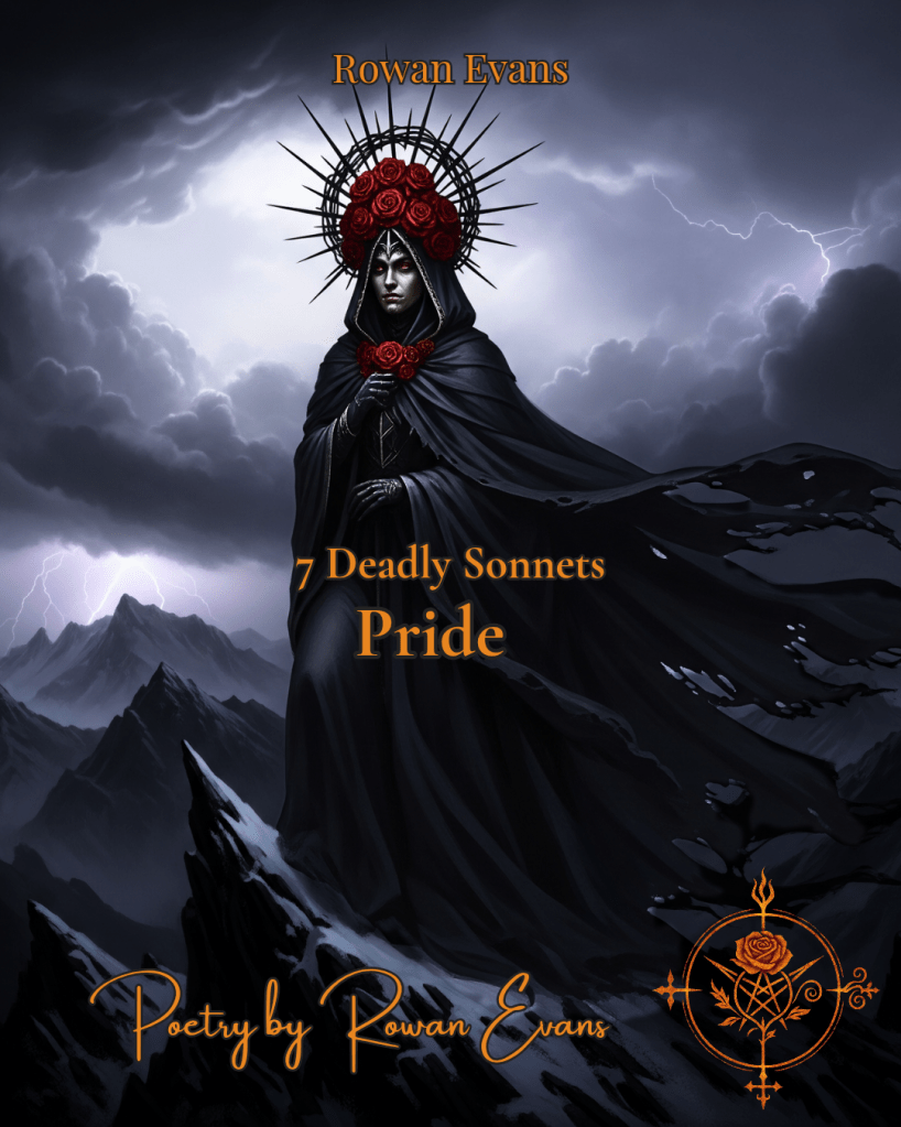 Regal figure with a crown of thorns and roses standing on a jagged peak, symbolizing pride, hubris, and self-deception.