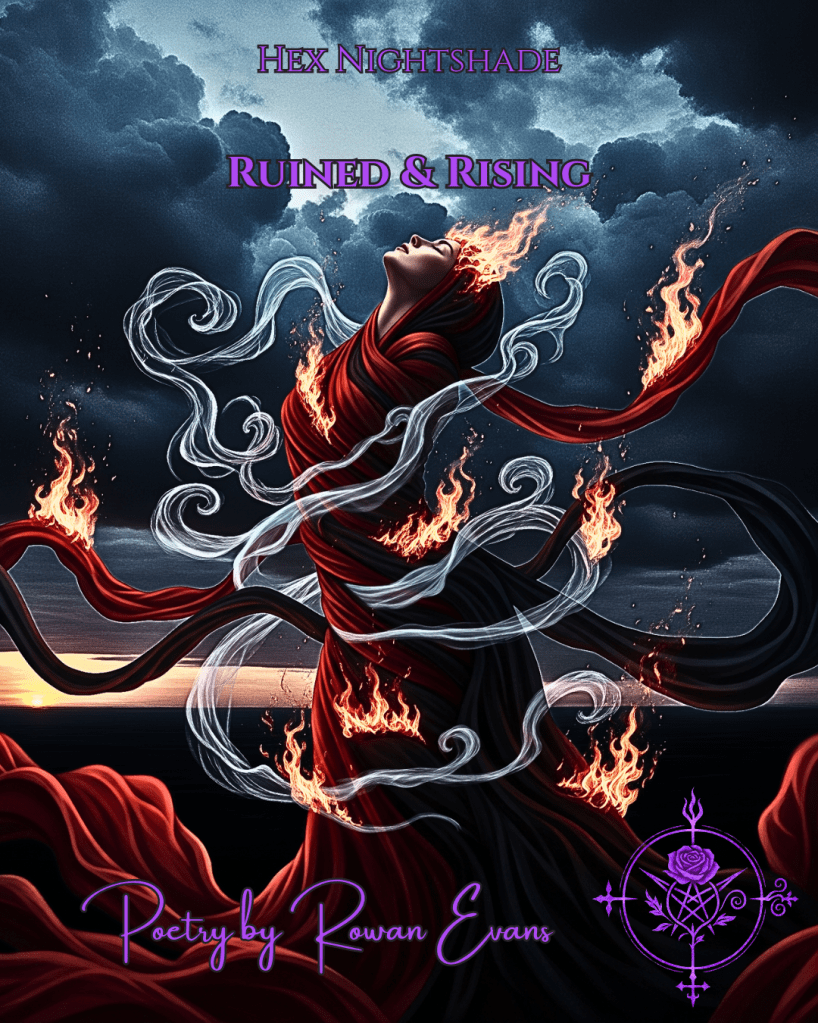 Darkly romantic figure enveloped in red and black fabrics, flames swirling around them, eyes closed in surrender, set against a stormy twilight sky.