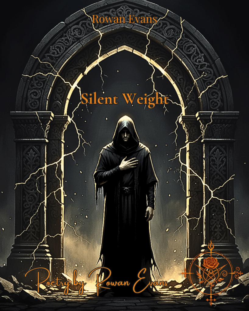 Illustration of a man beneath a heavy stone archway with cracks of golden light, symbolizing the silent weight of masculinity and the strength found in vulnerability.