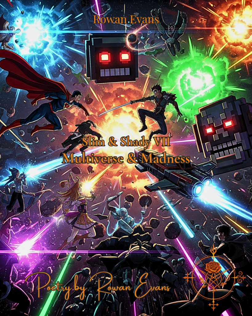 Chaotic multiverse battle scene blending anime, comics, and video games, representing the energy of Slim & Shady VII.