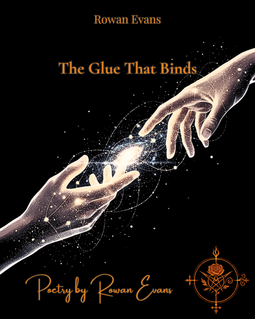 Two hands reaching toward each other over a night sky filled with golden threads and stars, representing connection and love.