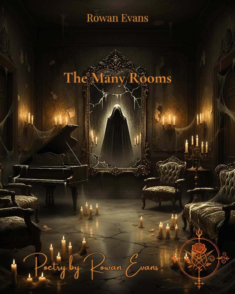 Haunting gothic mansion interior with shadows, cobwebs, and a grand mirror reflecting a mysterious ethereal figure.