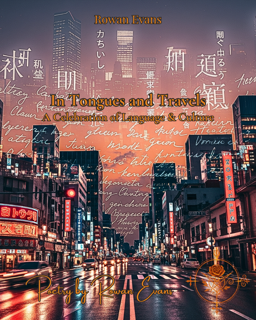 A dreamlike collage of Asian cityscapes with multilingual characters representing Mandarin, Cantonese, Tagalog, Korean, Japanese, and German.