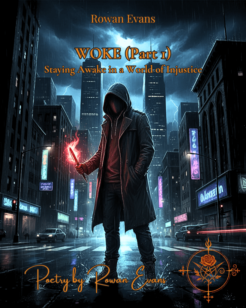 Figure standing in neon-lit streets at night, holding glowing red pen, symbolizing vigilance and protest.