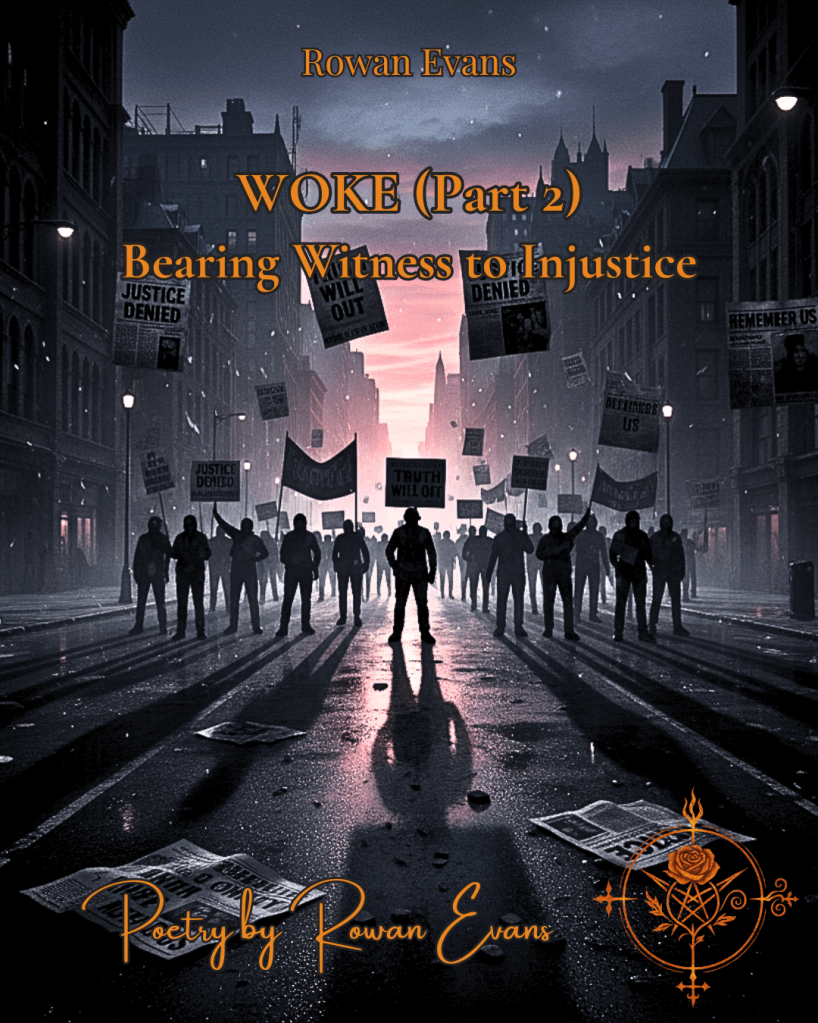 “Silhouetted protestors in empty streets at dusk, with headlines floating symbolically above, representing systemic injustice.”