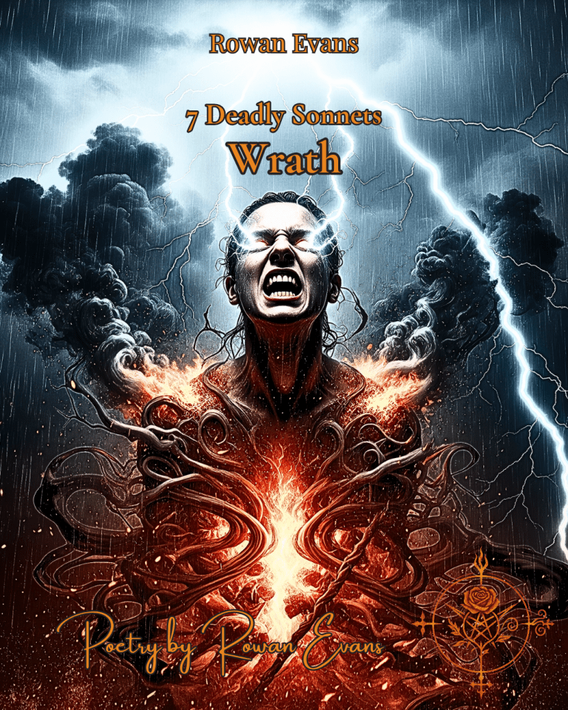 Figure surrounded by storm and fire – illustration for Wrath sonnet.