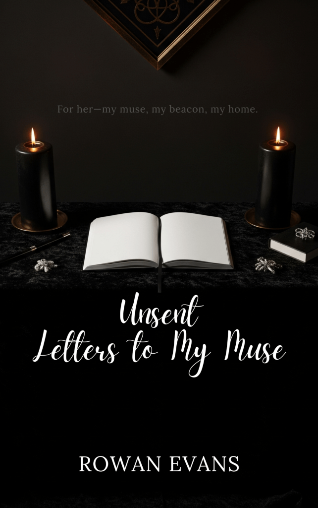 An image of an altar, a notebook opened to blank pages. Two black candles lit on either side. Black satin or velvet covers the altar.