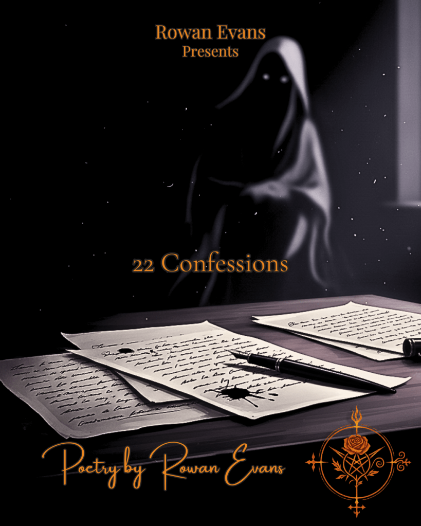 Handwritten letters on a dimly lit desk with a pen and shadowy figure, evoking introspection and confessional poetry.