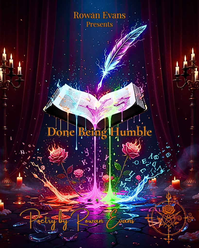 Open journal floating with glowing ink, quill hovering, ink forming roses and letters, dark velvet room with neon highlights.