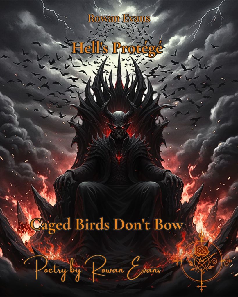 “Dark gothic figure with horns on a throne, surrounded by flames and a rising flock of black birds, representing power, rebellion, and freedom.”