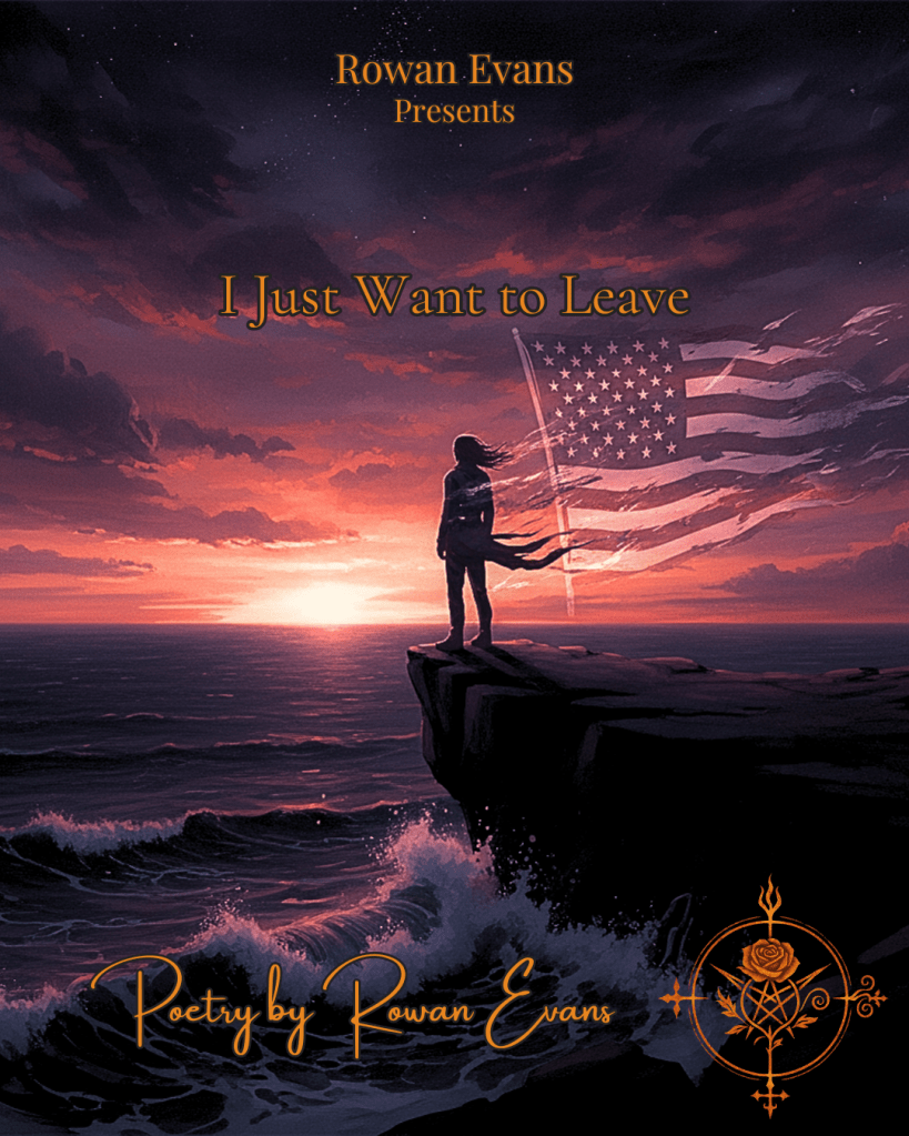 A lone figure stands on a cliff at twilight, gazing toward an endless ocean with a ghostly American flag dissolving behind them, evoking defiance and longing.