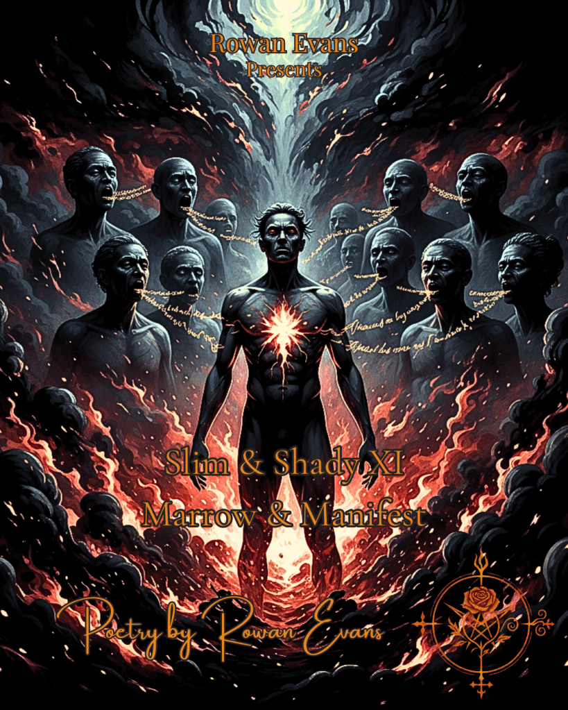 Digital art of a poet surrounded a storm of ink and fire, symbolizing the creation of Rowanese culture in “Marrow & Manifest” by Rowan Evans.