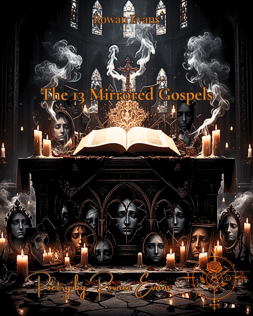 A dimly lit gothic altar with candles, smoke, and shattered mirrors — representing “The 13 Mirrored Gospels” by Rowan Evans.