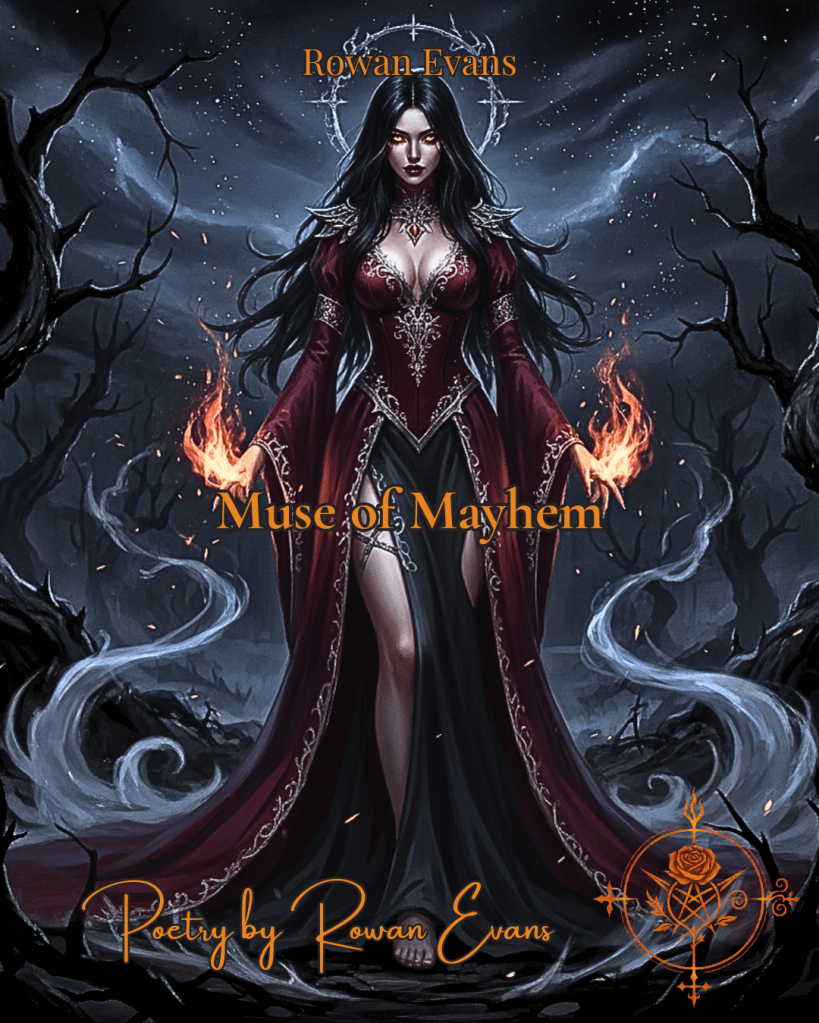 Gothic portrait of a powerful, seductive woman standing in a shadowy garden with flickering flames and starlight in the background, representing chaos and desire.