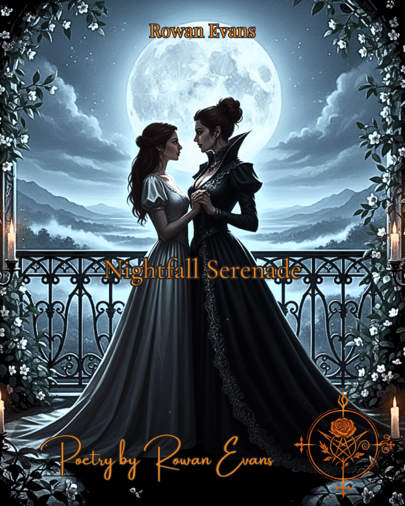 A vampiress and her human lover share a moonlit embrace on a misty gothic balcony.