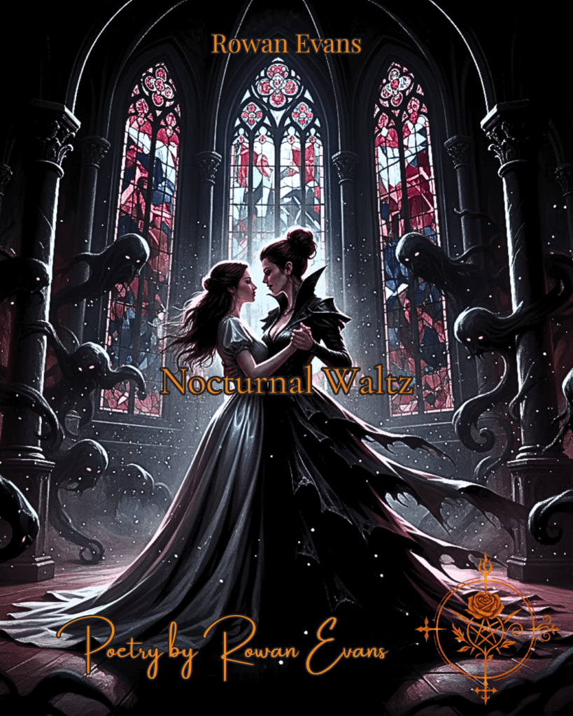Vampiress and human woman dancing in a moonlit gothic ballroom, shadows and romance swirling around them.