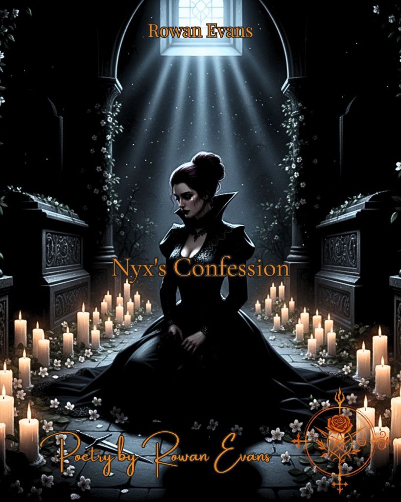 A sorrowful vampiress kneels in candlelight, surrounded by jasmine, after protecting her lover.