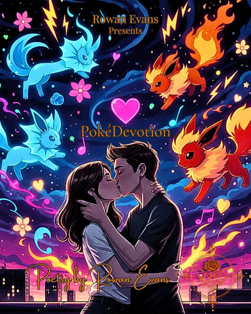 A vibrant illustration of two lovers framed by glowing Pokémon shapes in a dreamy, neon atmosphere, symbolizing playful devotion.