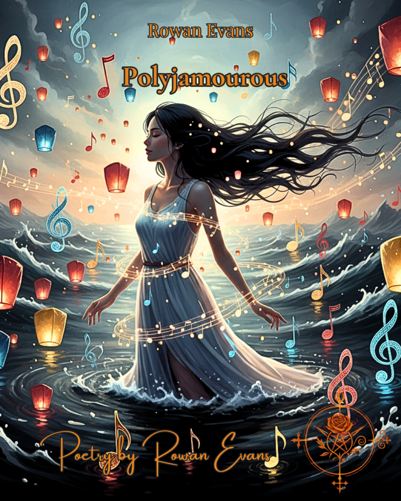 A dreamy illustration of a woman surrounded by glowing lanterns shaped like musical notes, each representing Asian cultures, as she stands in a sea of sound waves with her eyes closed in calm reflection.