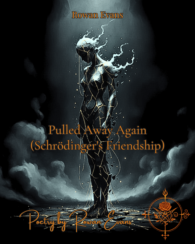 A solitary figure dissolving into shadows, with golden light tracing cracks across them, symbolizing introspection, isolation, and the hidden beauty of brokenness.