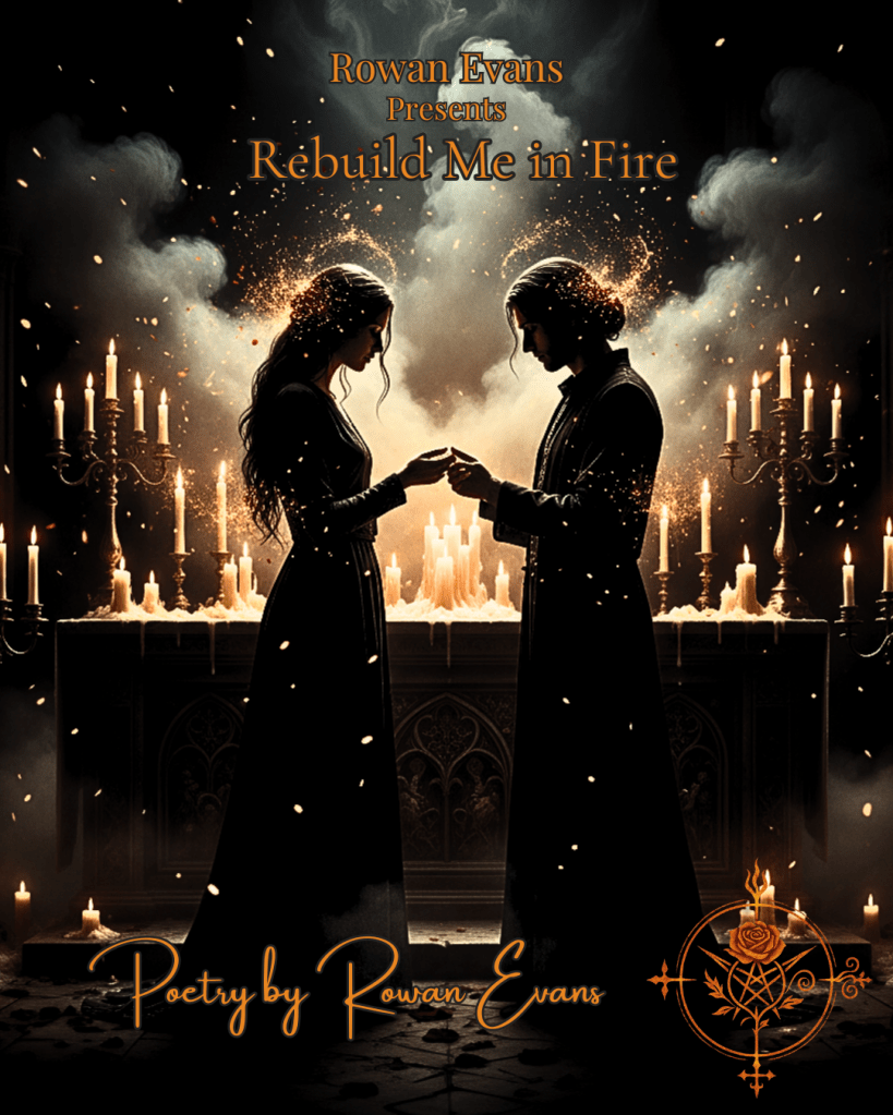 Two shadowed figures surrounded by firelight and smoke, standing before a gothic altar as embers swirl between them.