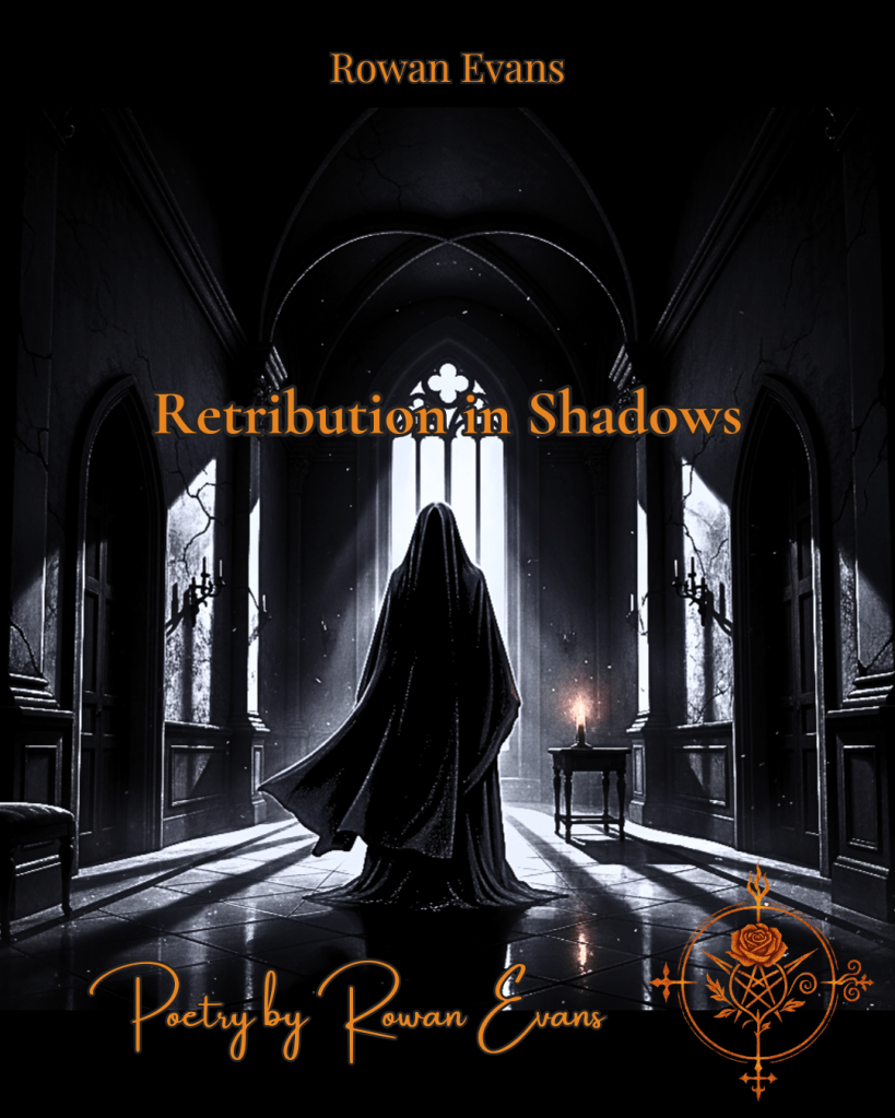 Silhouetted figure in shadows moving through a dim, Gothic hallway, moonlight highlighting edges, representing secrecy and poetic vengeance.