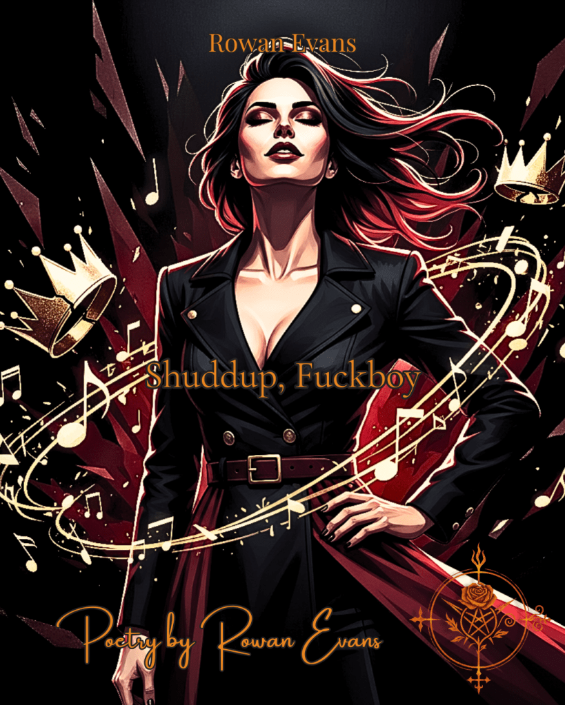 "Fierce woman standing confidently with abstract musical notes and shattered crowns, symbolizing poetic defiance and empowerment."